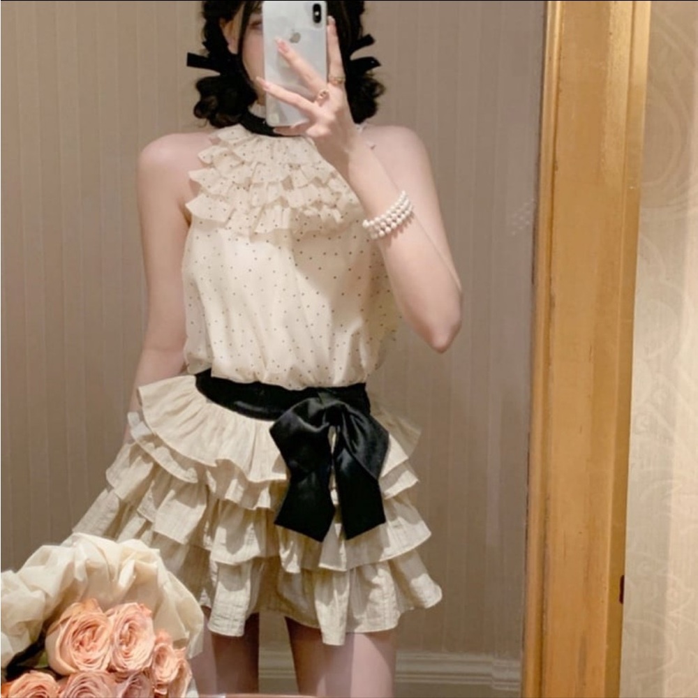 Japanese Kawaii Style Beige Layered Tiered Ruffle Polka Dot Halter Tank Top